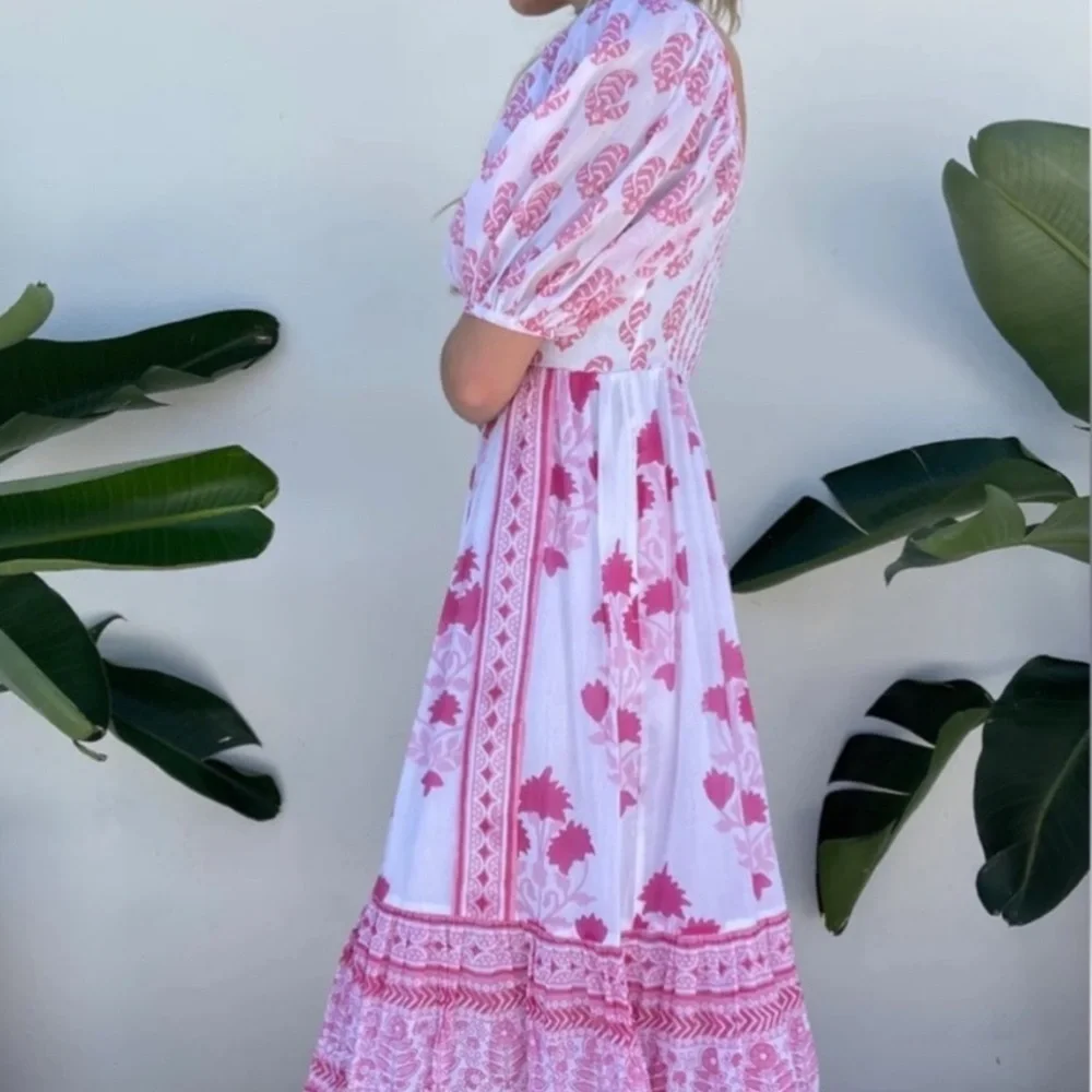 Tuckernuck Oliphant Puff Sleeve Midi Dress in Jaipur Pink & White NWT Size XS - Picture 14 of 14